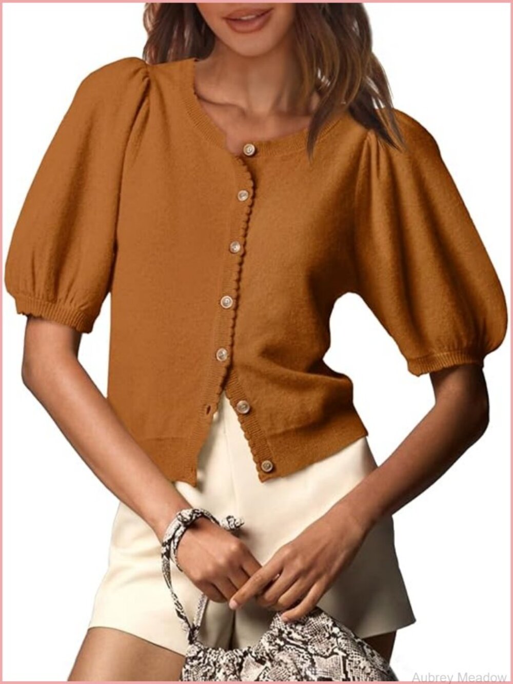 Puff Short Sleeve Cardigan Button Down Knit Crew Neck Summer Sweater Top - Picture 1 of 7